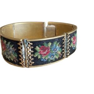 Vintage Rose Petit Point Hinged Brass Bracelet 7.5” Needlepoint